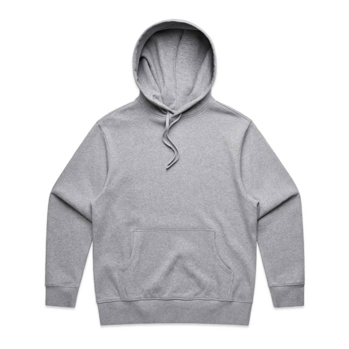 A grey hoodie featuring a front pocket and a drawstring hood, with a logo on the front.