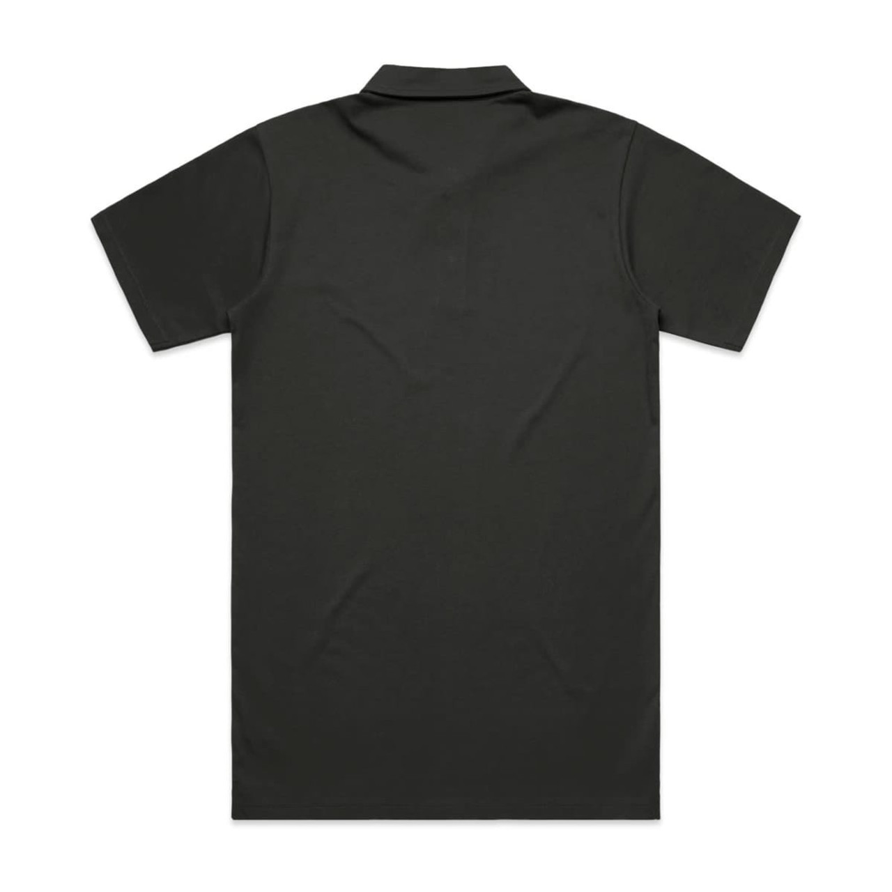 A black polo shirt featuring a collar and short sleeves, with a plain back and a logo.