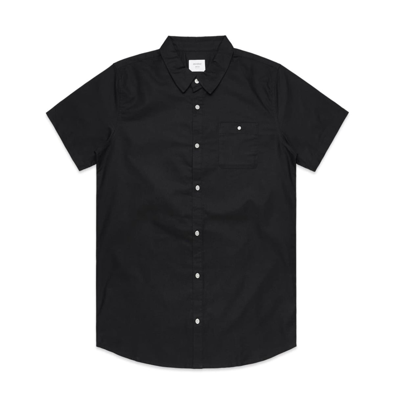 A black button-up shirt with short sleeves and a single chest pocket, featuring a logo.