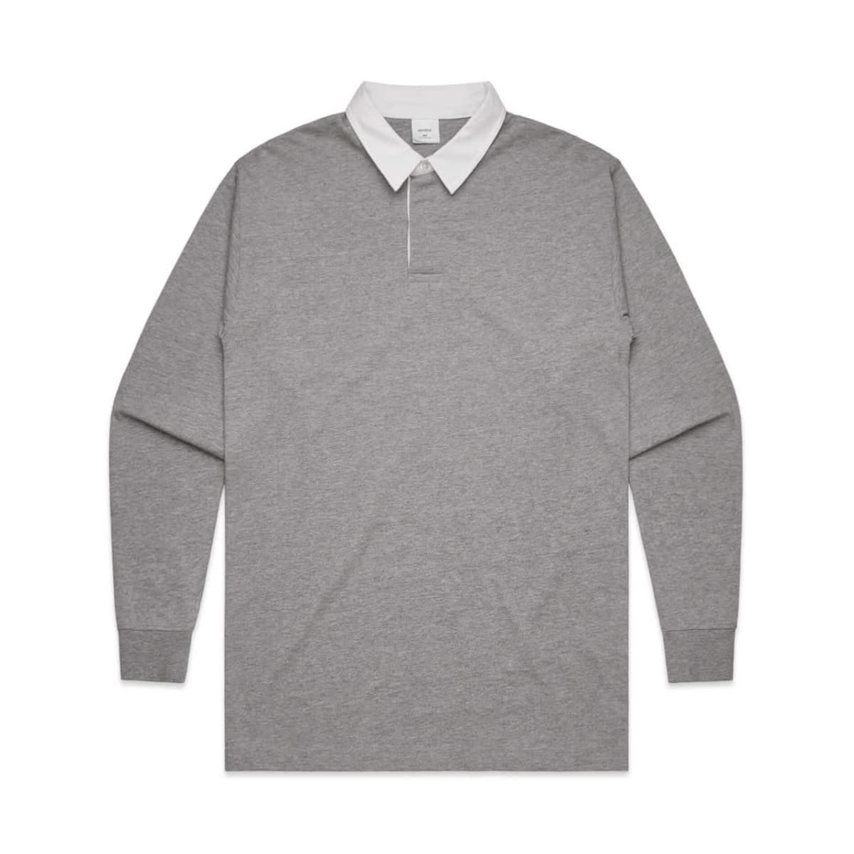 A grey rugby jersey with long sleeves and a white collar, featuring a logo on the chest.