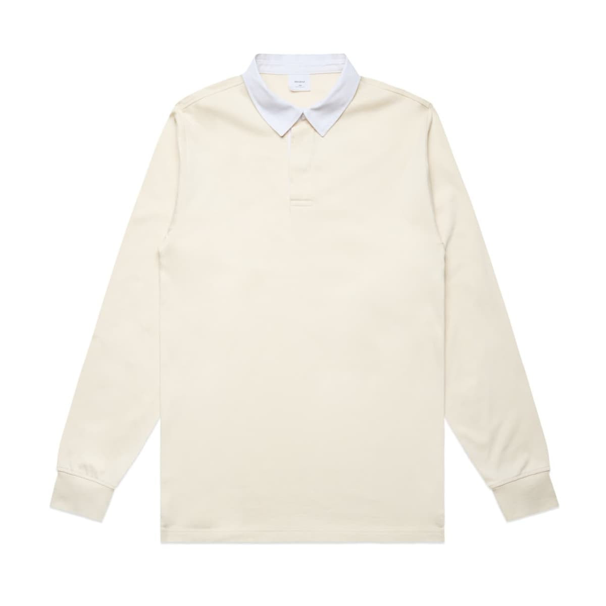 A rugby jersey featuring a cream body and light blue collar, with long sleeves and a logo present.