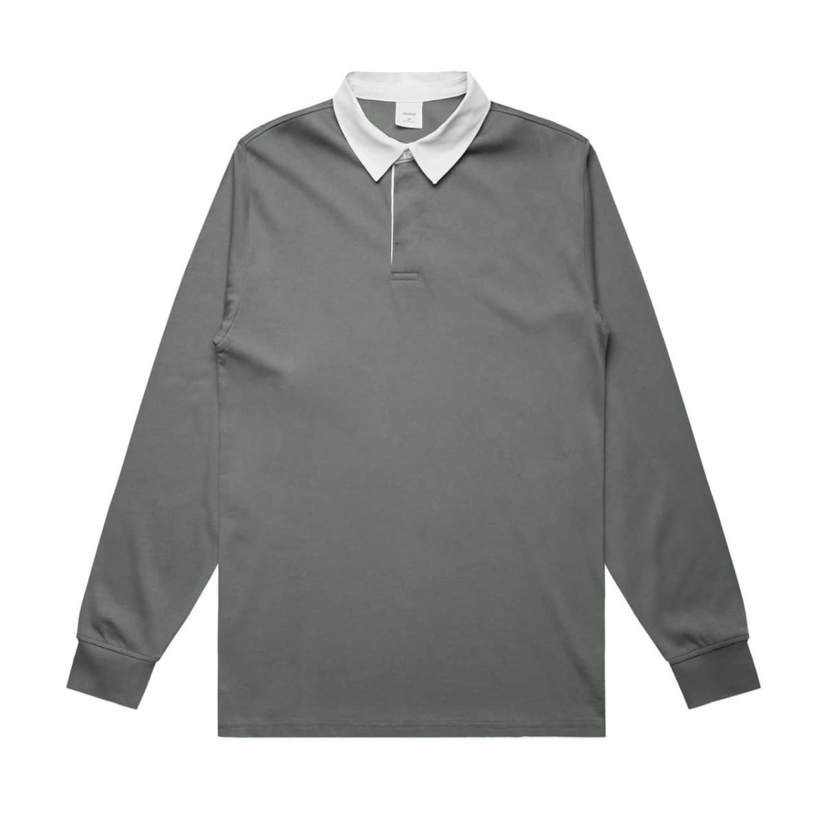 A long-sleeved grey rugby jersey with a white collar and a logo on the chest.