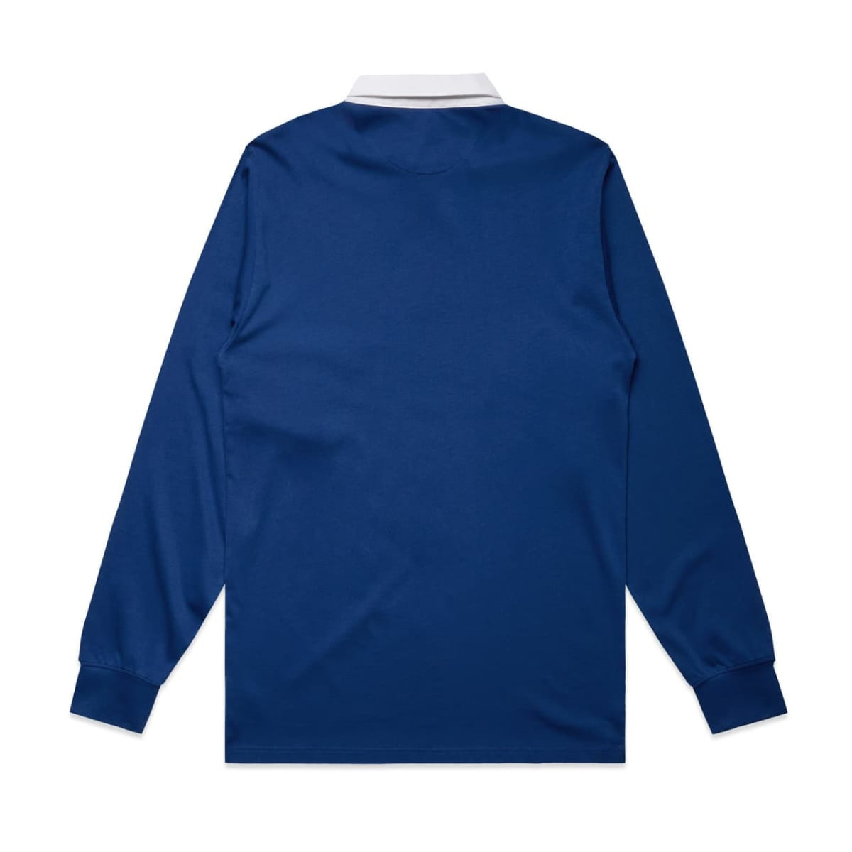 A navy rugby jersey with long sleeves and a white collar, featuring a logo on the back.