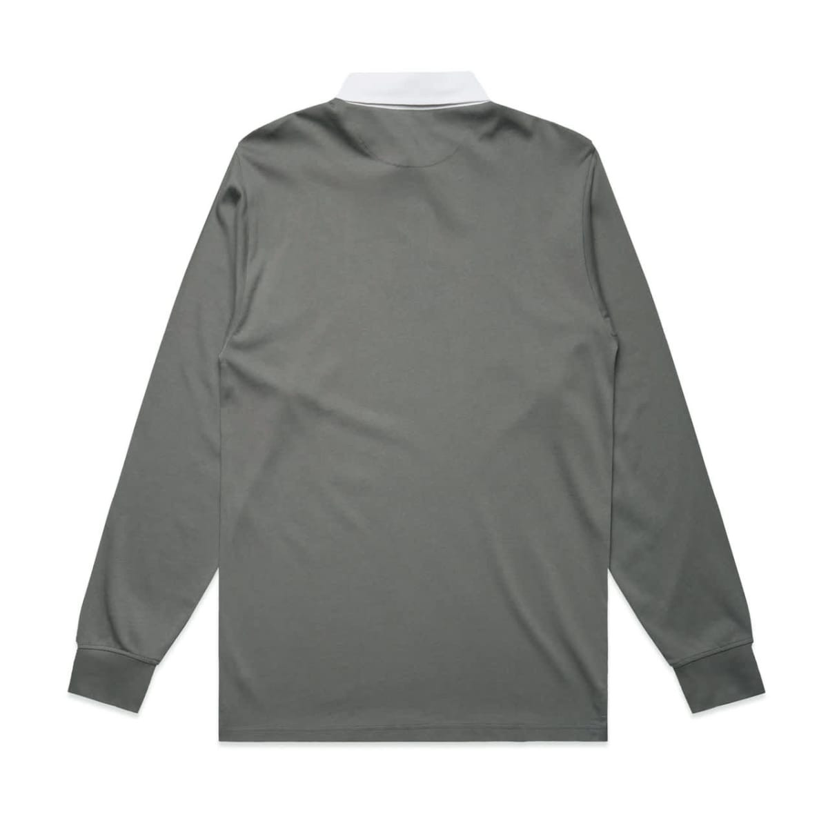 A grey rugby jersey with long sleeves and a white collar, featuring a logo on the back.