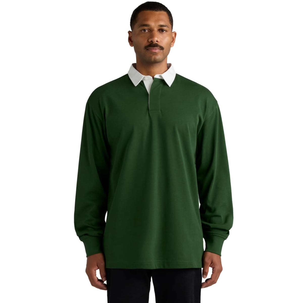 A long-sleeve green rugby jersey with a white collar, featuring a logo on the chest.