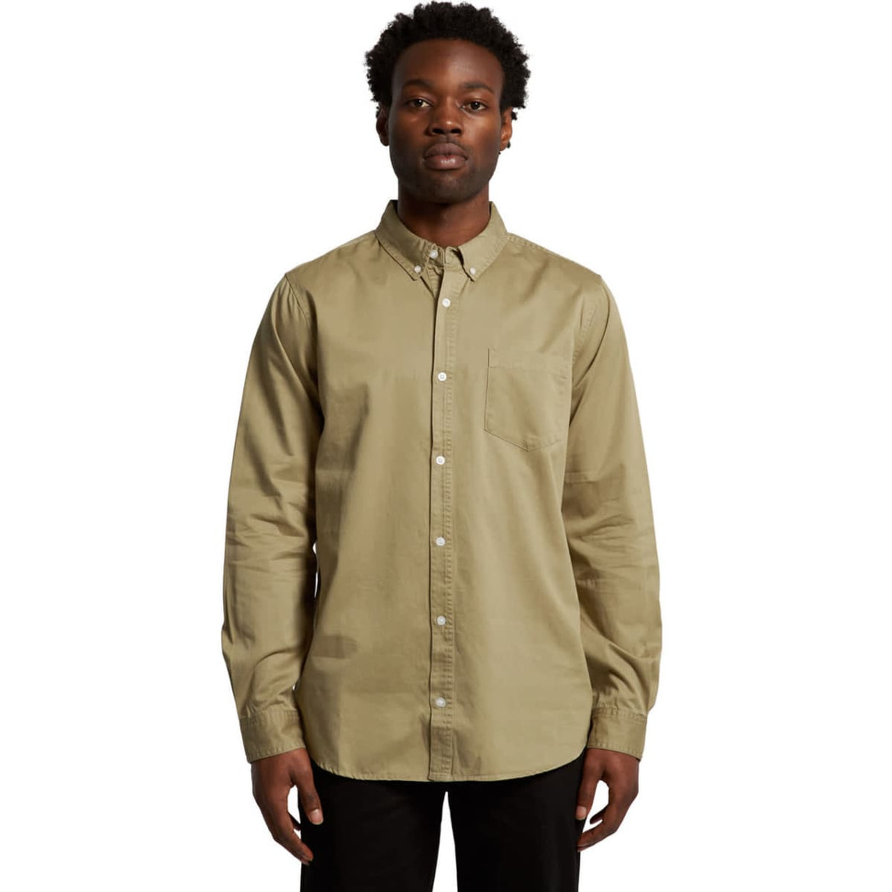 A button-up denim wash shirt in olive green, featuring long sleeves and a chest pocket. It has a logo on the fabric. A button-up denim wash shirt in olive green, featuring long sleeves and a chest pocket. It has a logo on the fabric.