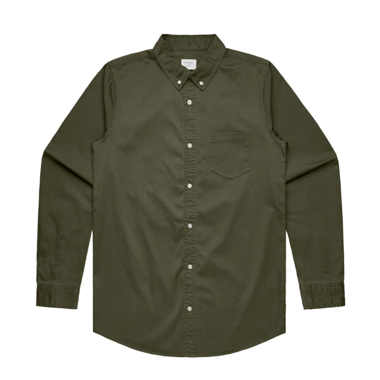 A button-up shirt in olive green with long sleeves and a chest pocket, featuring a logo. A button-up shirt in olive green with long sleeves and a chest pocket, featuring a logo.