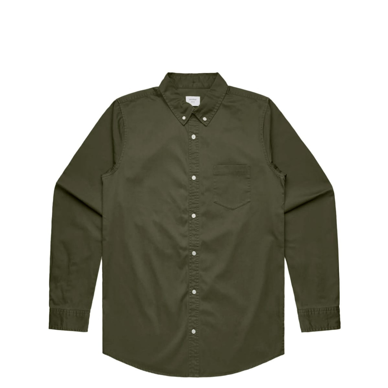 A button-up shirt in olive green with a collared neckline and a single chest pocket. Features a logo. A button-up shirt in olive green with a collared neckline and a single chest pocket. Features a logo.