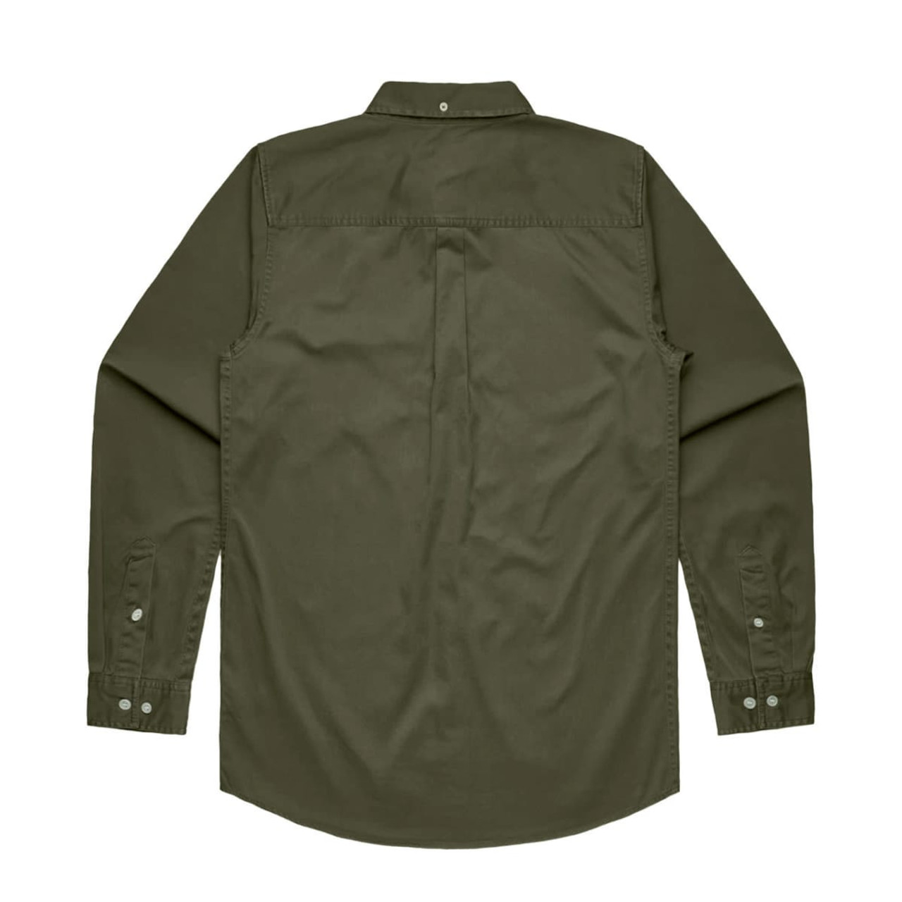 A green denim wash button-up shirt with long sleeves and a back pleat, featuring a logo. A green denim wash button-up shirt with long sleeves and a back pleat, featuring a logo.