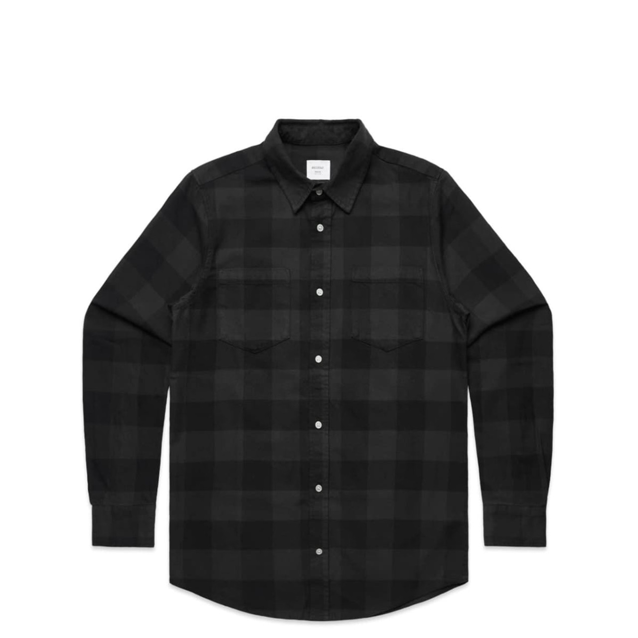 A button-up check shirt in black with a plaid pattern, featuring long sleeves and two chest pockets.