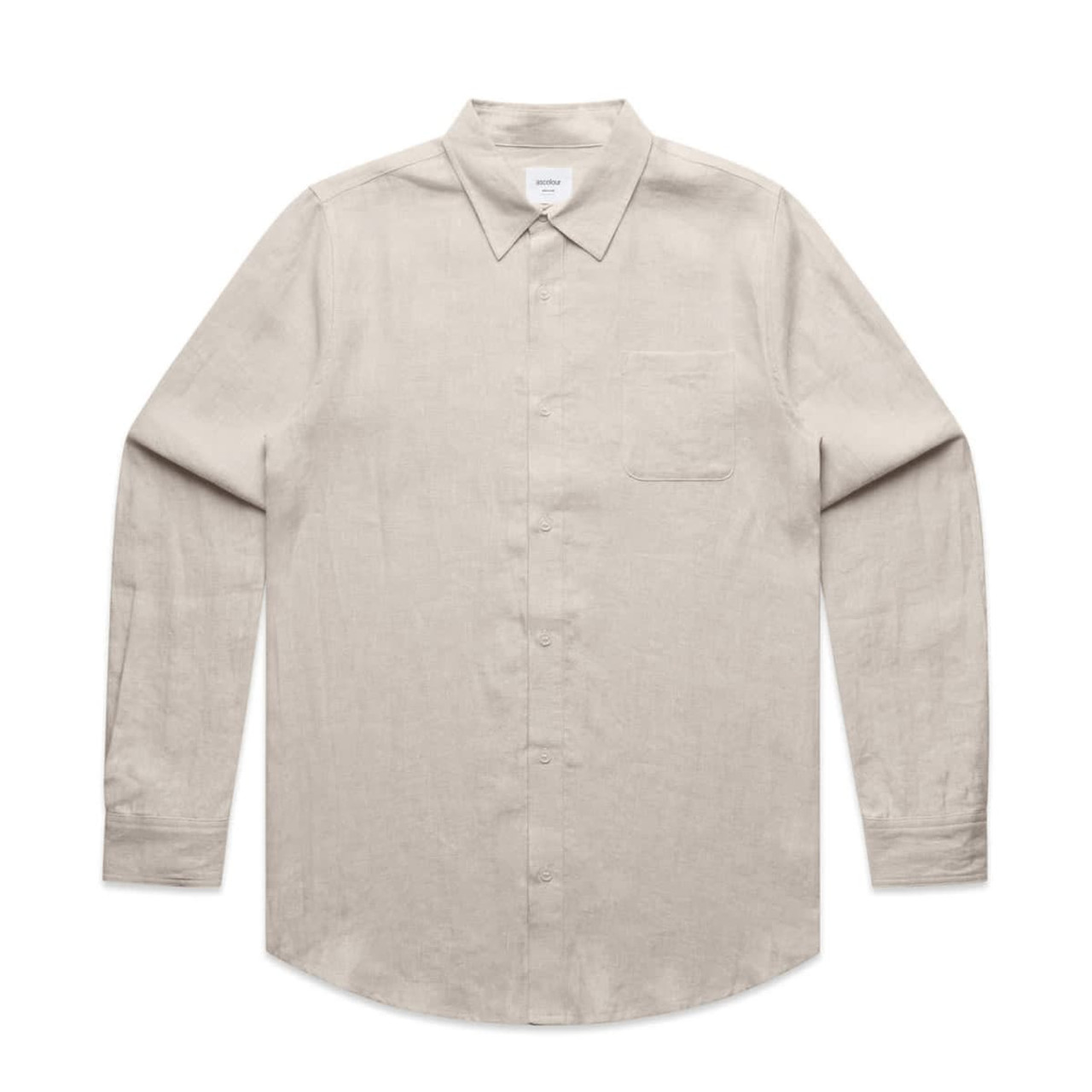 A light beige linen button-up shirt with long sleeves and a single chest pocket. A light beige linen button-up shirt with long sleeves and a single chest pocket.