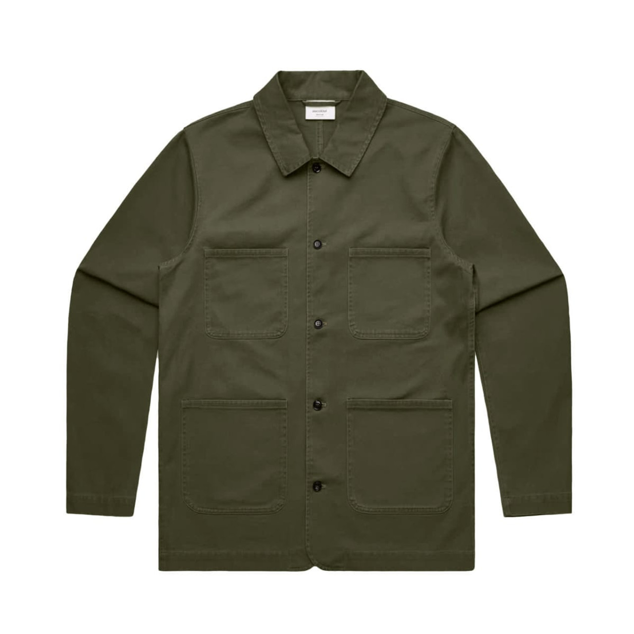 An olive green chore jacket featuring a collared neck and four front pockets. The jacket has a logo on the label.