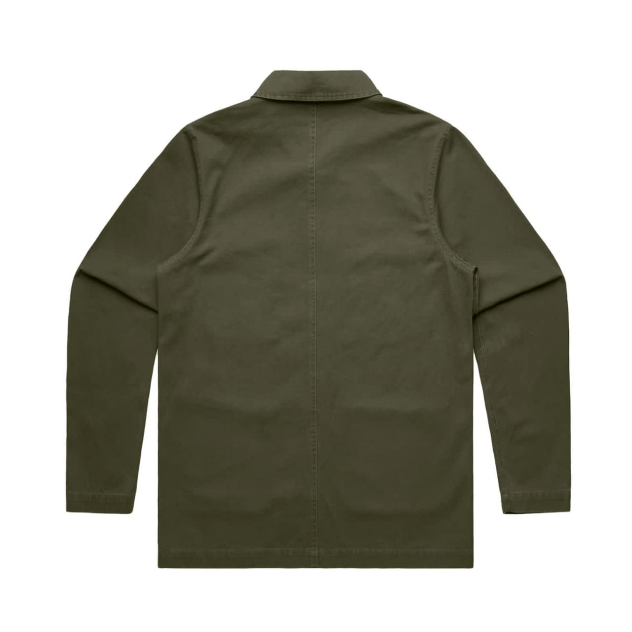 A back view of a dark olive green Chore Jacket with a collar and long sleeves. The jacket has a logo.