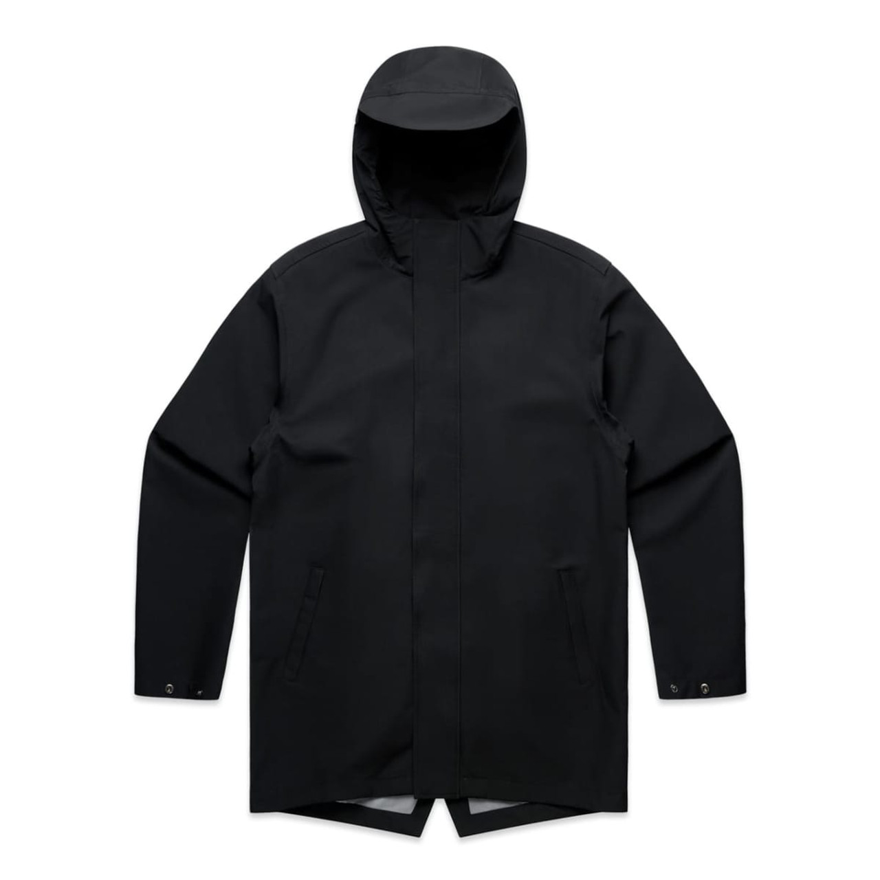 A black rain jacket with a hood, featuring a simple design and side pockets. It has a logo on the garment.