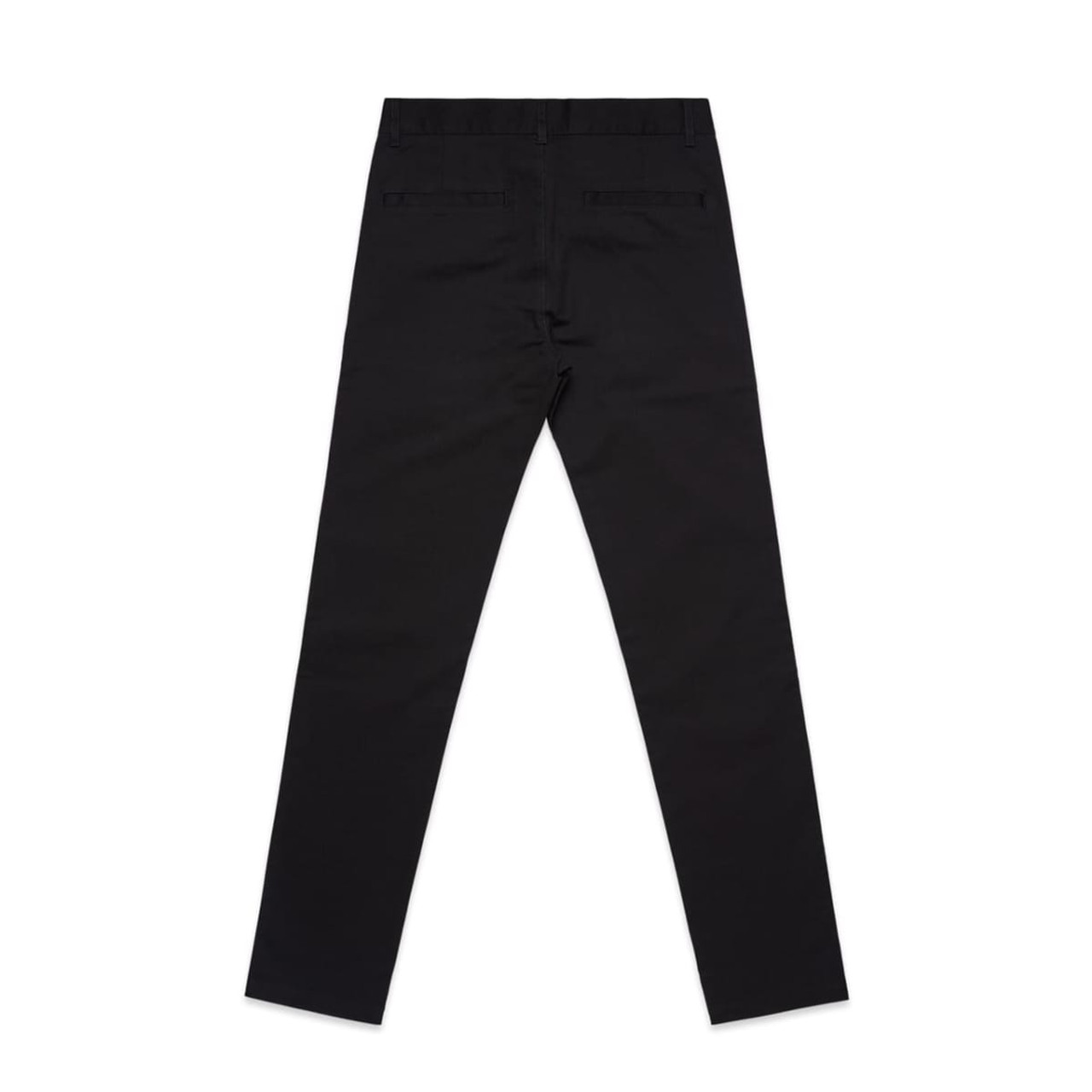 Black slacks with a slim fit, featuring back pockets and a waistband. Includes a logo on the back.