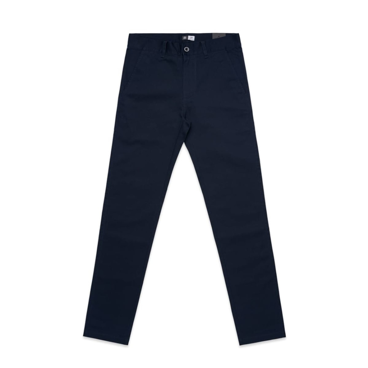 Navy blue slacks with a fitted design, featuring pockets and a waistband with a logo.