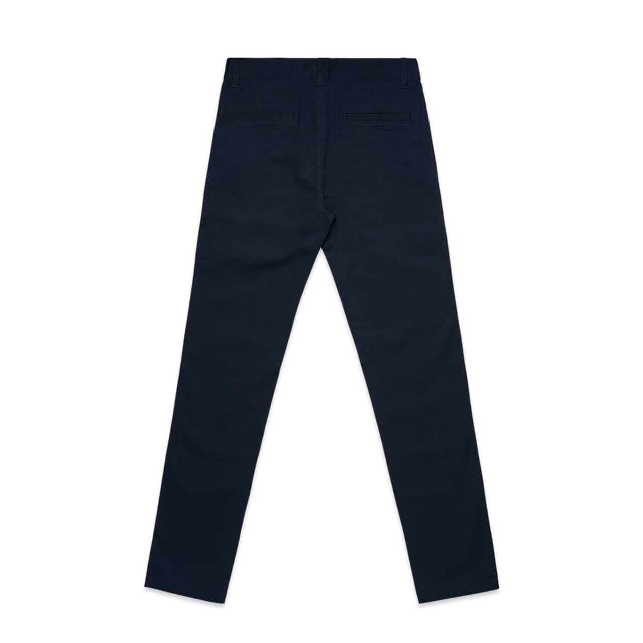 A pair of navy blue slacks with a smooth finish and back pockets, featuring a branding logo.