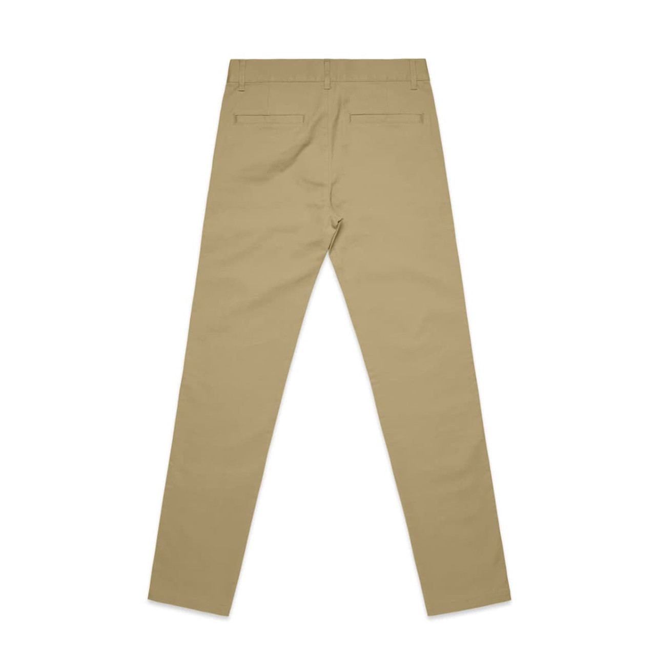 A pair of khaki standard pants viewed from the back, featuring back pockets and a fitted design.