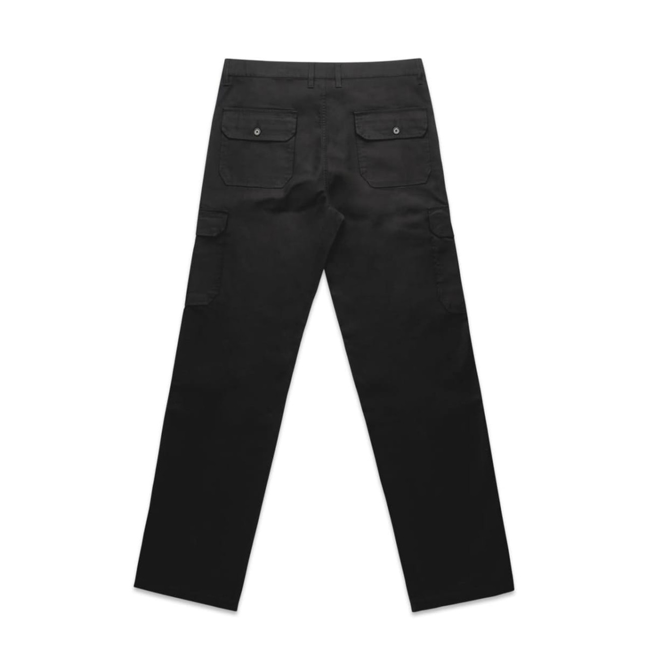 A pair of black utility cargo pants featuring two back pockets and side pockets. The pants have a logo.