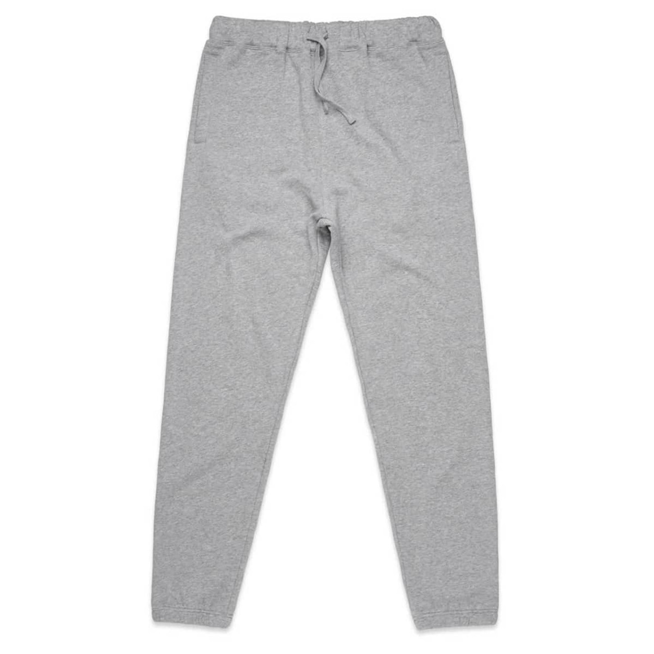 A pair of grey track pants with an elastic waistband and side pockets. The pants have a simple design and logo.
