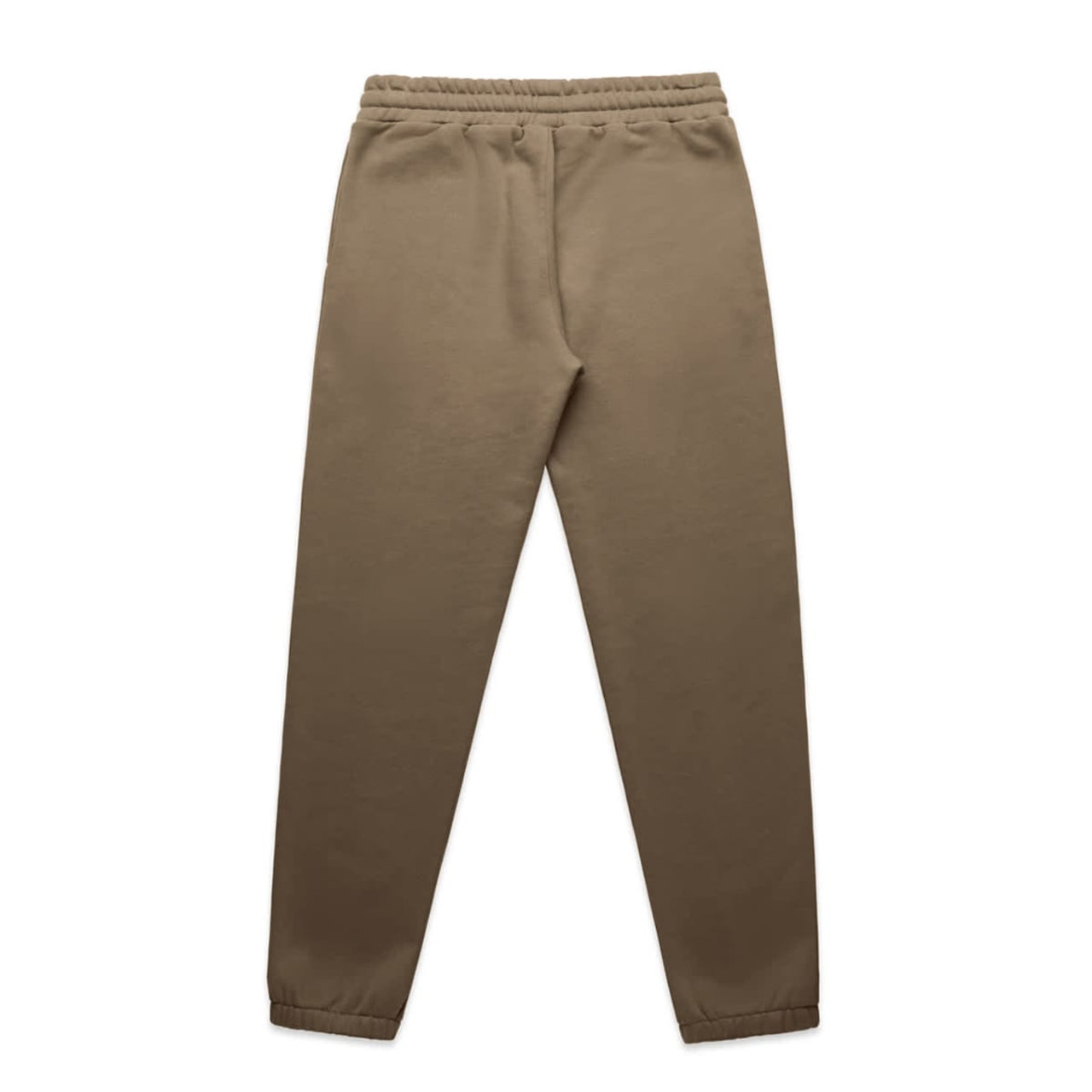 A pair of brown track pants with an elastic waistband and cuffs. Features a logo on the waistband.