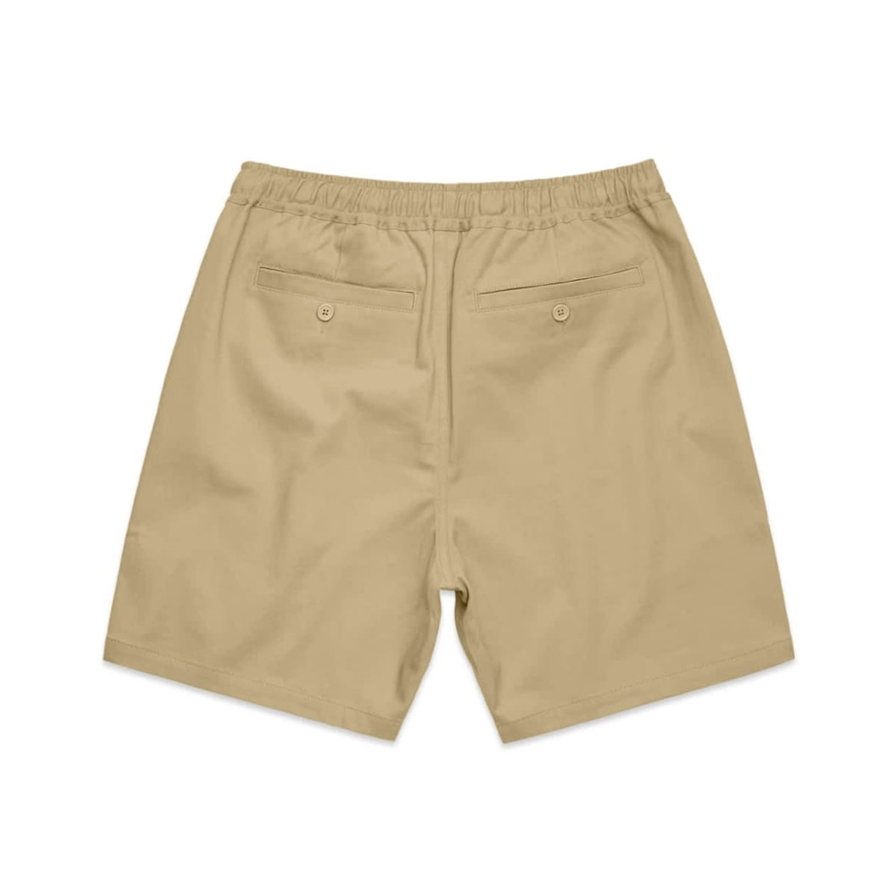 Khaki walk shorts with an elastic waistband, featuring two back pockets and a logo on the waistband. Khaki walk shorts with an elastic waistband, featuring two back pockets and a logo on the waistband.
