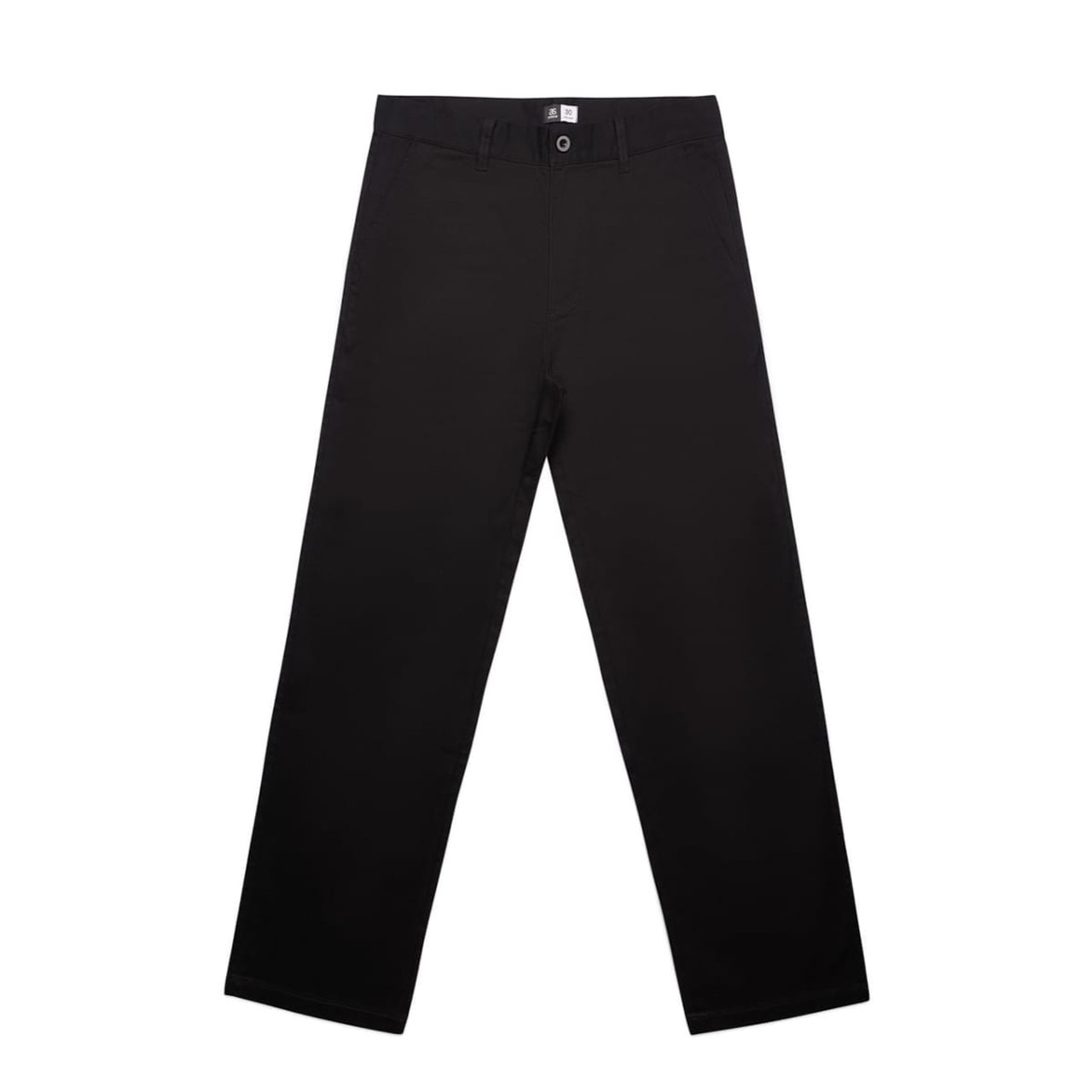Black relaxed pants with a straight-leg design, featuring a front button and logo on the waistband.