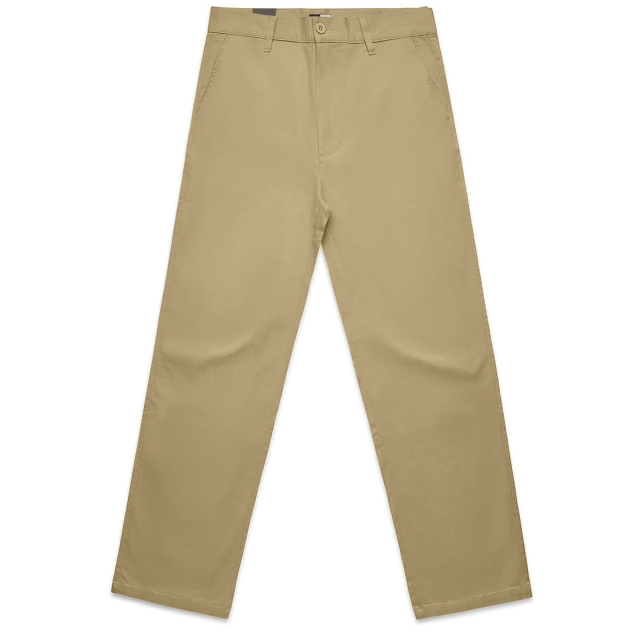 Relaxed beige pants with a straight cut, featuring front pockets and a logo on the waistband.