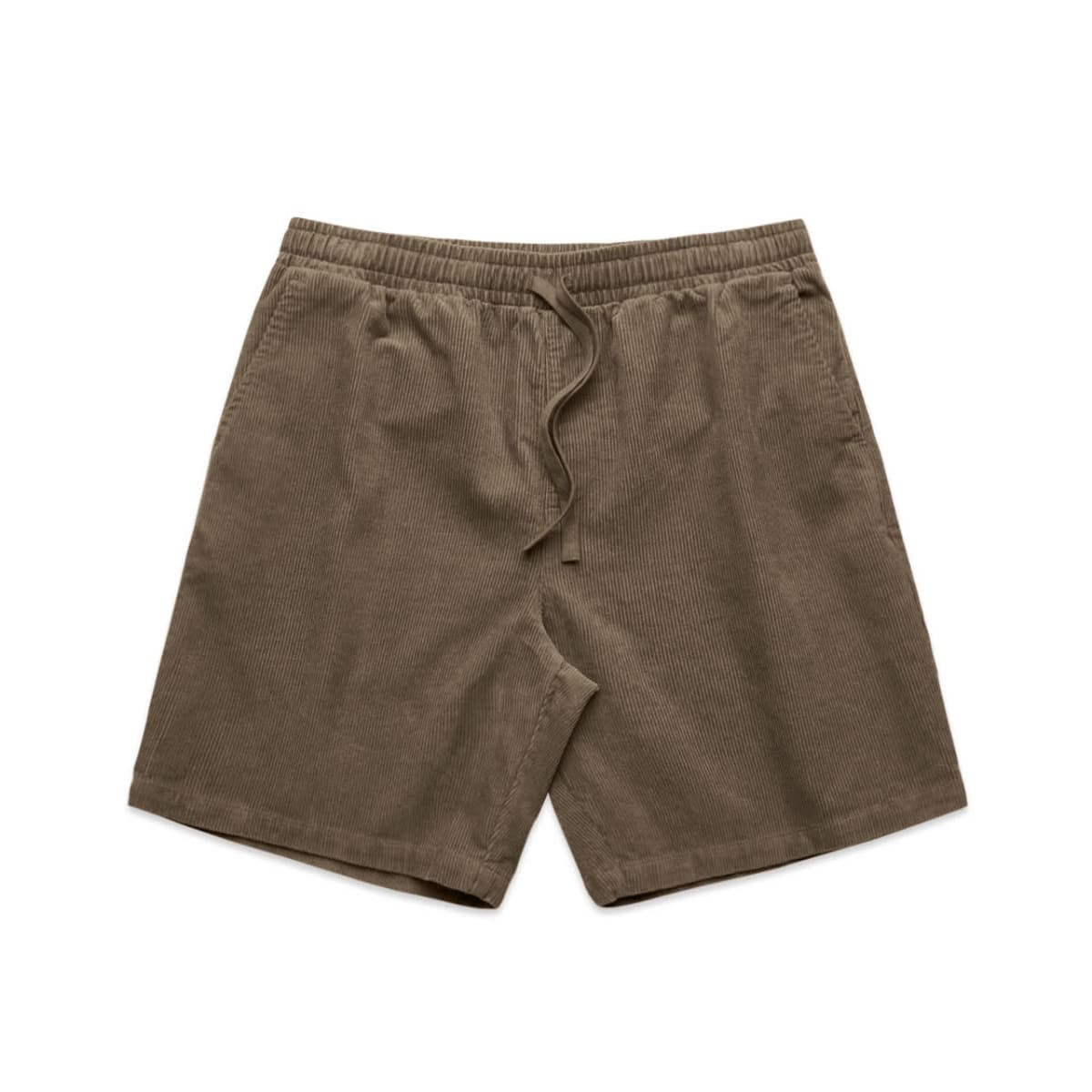 Cord shorts in a muted olive green, featuring an elastic waistband and drawstring for adjustable fit.