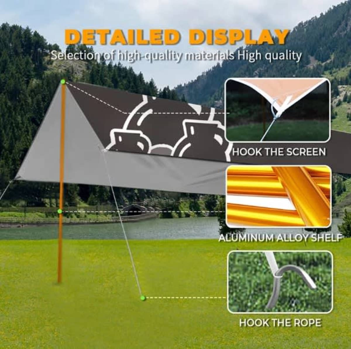 A camping canopy featuring a grey top with yellow poles and a hook detail for securing the structure.
