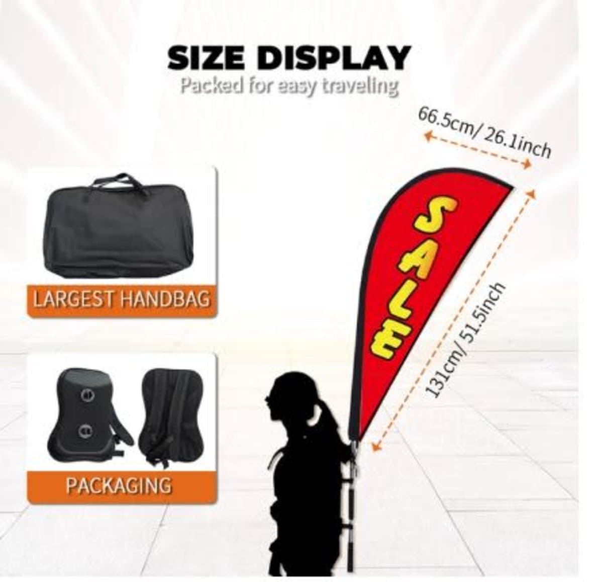A red teardrop banner with a black carrying bag and packaging, featuring a logo. Includes size display measurements.