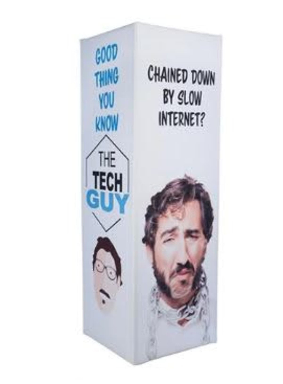 A tension fabric square column display featuring a white background, graphics, and a logo.