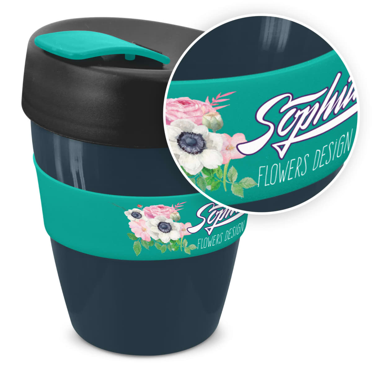 A drink bottle featuring a black lid and a dark blue body, with a teal band and floral design. It has a logo.