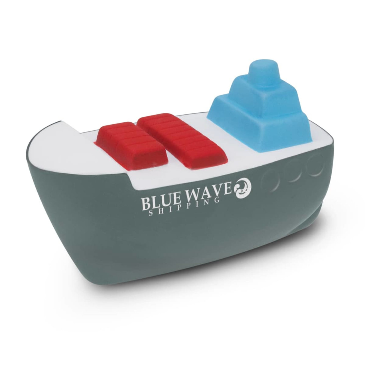 A stress toy shaped like a cargo ship, featuring grey, red, and blue elements, with a logo on the side.