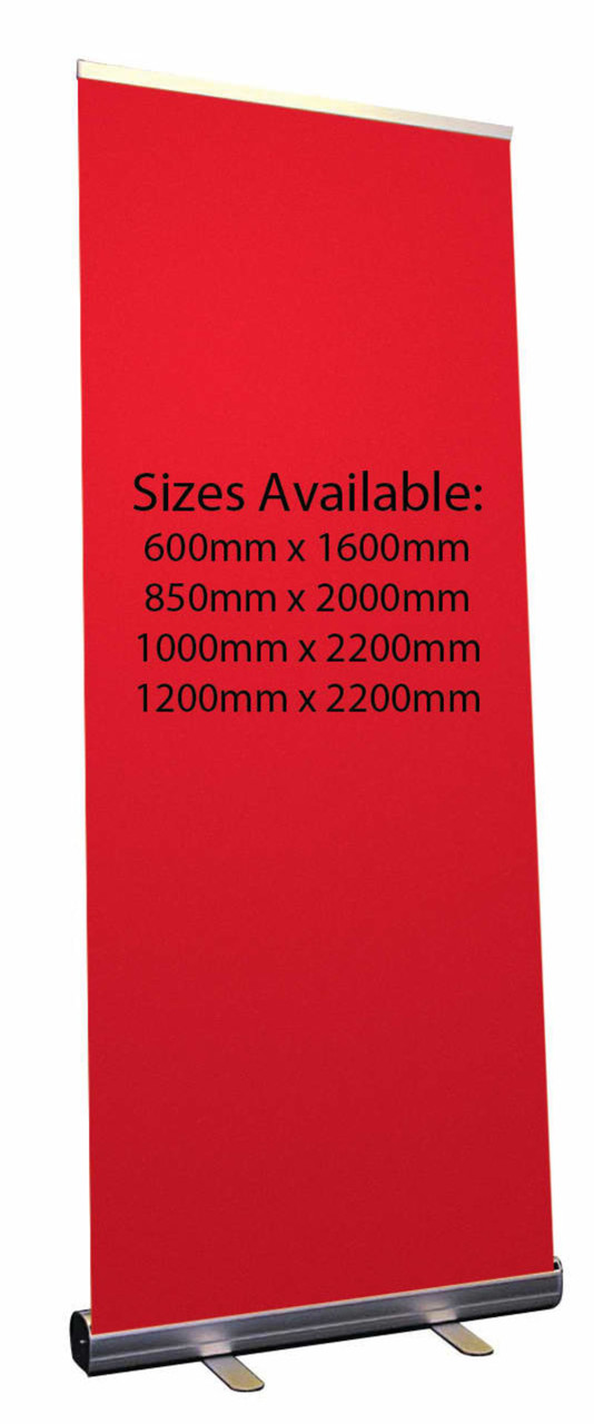 A red pull-up banner measuring 600mm x 1600mm with a base and a logo at the bottom.