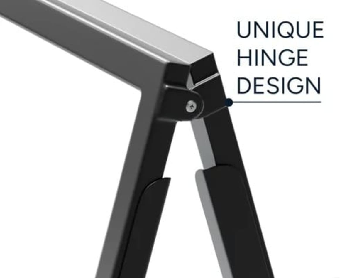 A black A-frame with a unique hinge design, featuring a silver metallic edge. It has a sleek and modern appearance.