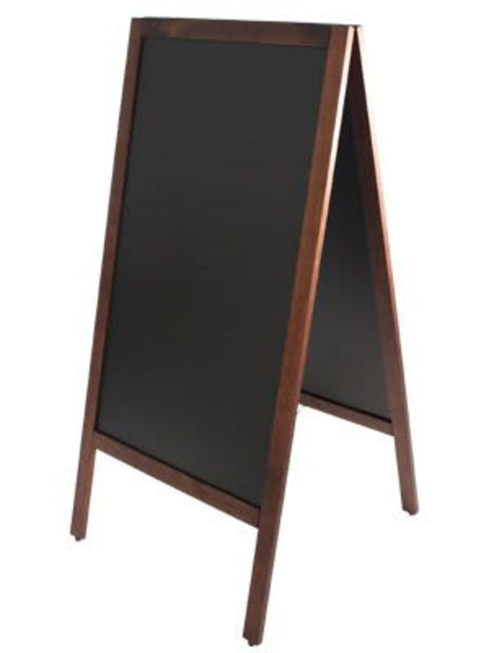 A wooden A-frame chalkboard with a black surface, designed for displaying messages or promotions.