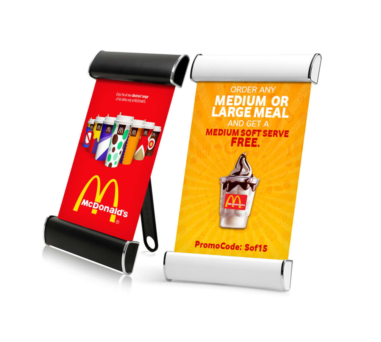 Two promotional "Smart Frames" displaying colourful graphics, one with drink containers and the other advertising a free item.
