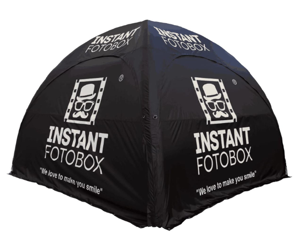 A 13ft black air tent with a logo, featuring a rounded design and promotional messages on the sides.