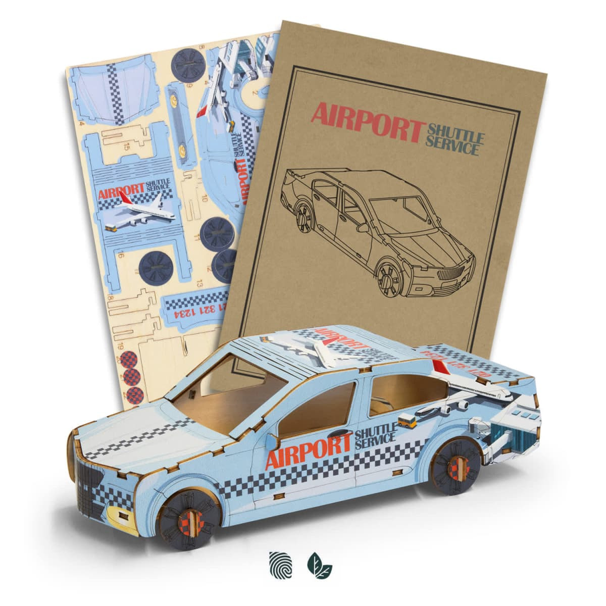 A wooden model of a sedan car in blue and white, featuring an airport shuttle service design and assembly instructions.