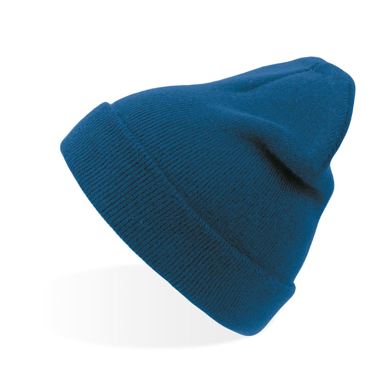A dark blue beanie with a ribbed texture, featuring a small logo on the side.