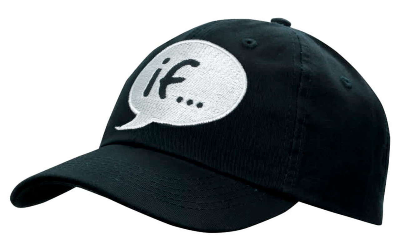 A black washed chino twill cap featuring a speech bubble design and an embroidered logo.