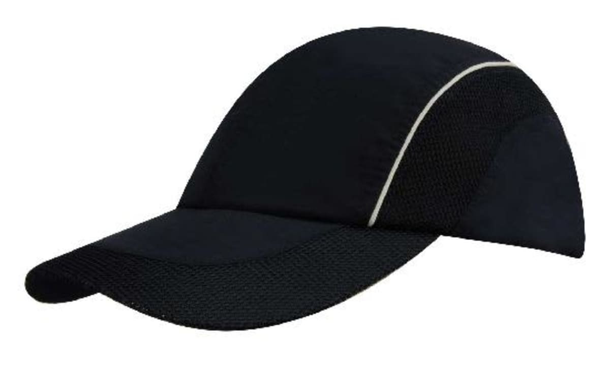 A black cap featuring woven fabric with mesh side panels and a peak, complete with a branding logo.