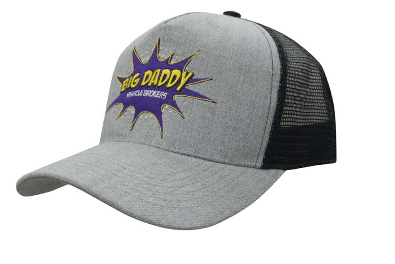 A grey marled cap with a mesh black back and an embroidered logo featuring a bright graphic design.