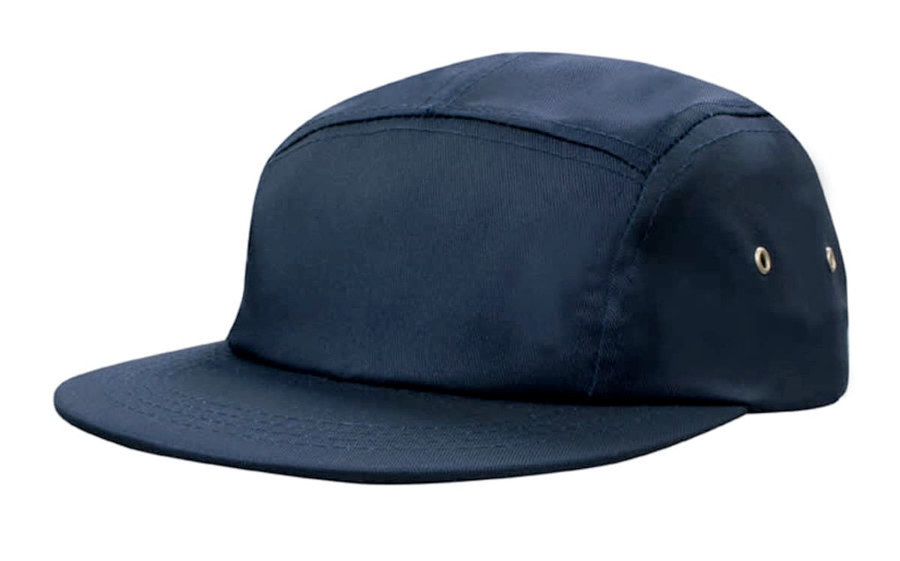 A navy cotton twill square front cap with a flat brim and eyelet ventilation. It features a logo on the side.