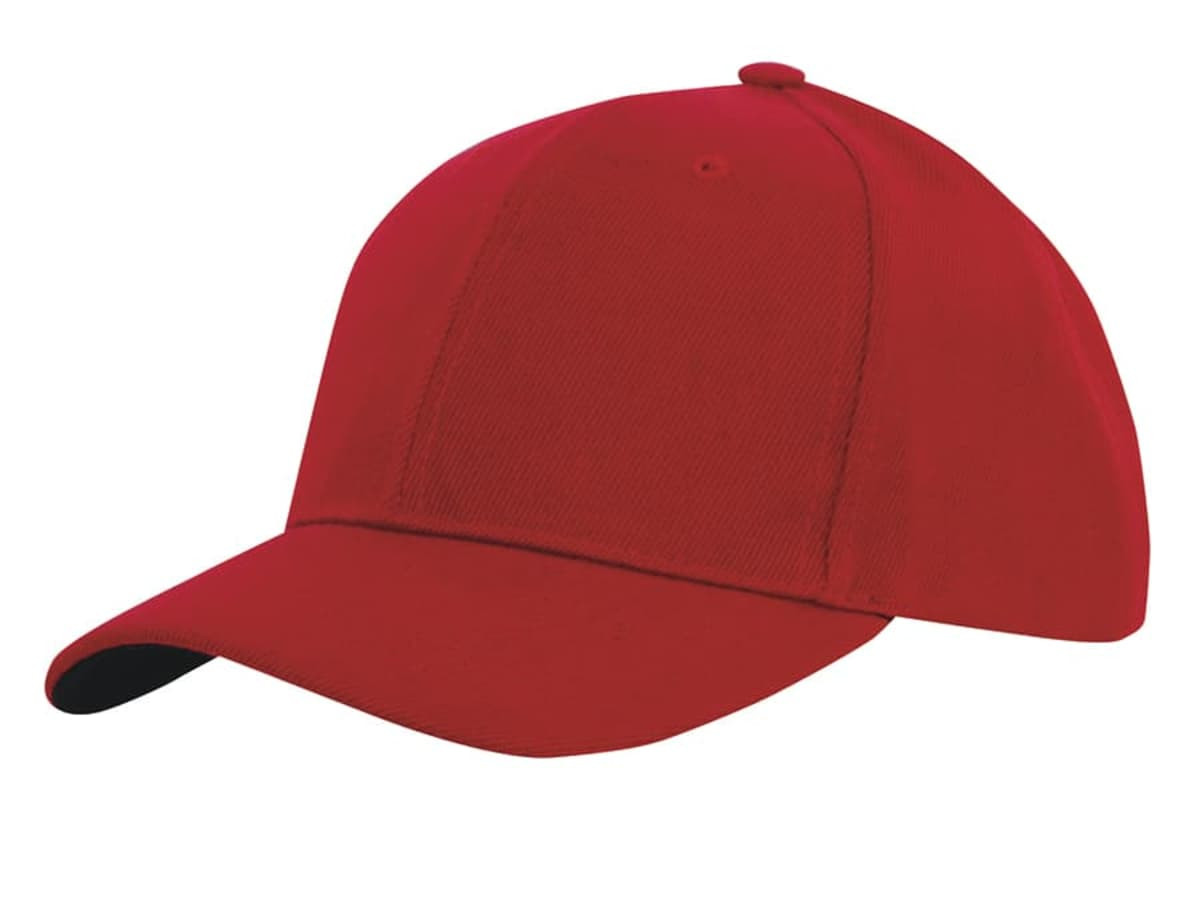 A red cap with a contrasting black peak, featuring a logo on the front side.