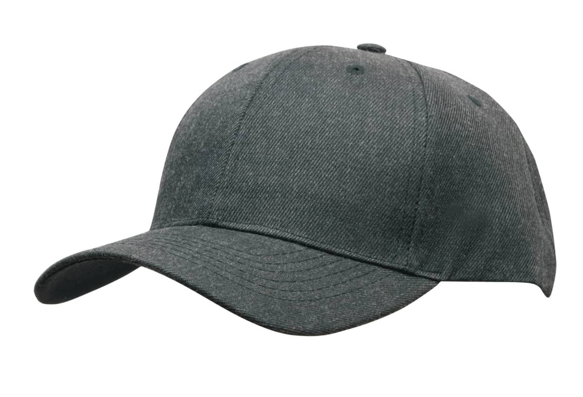 A dark grey premium twill cap featuring a curved brim and a logo on the front.