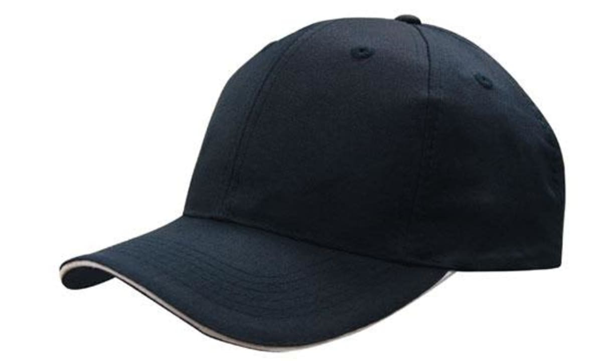 A navy cap with a breathable poly twill material and sandwich trim, featuring a logo.