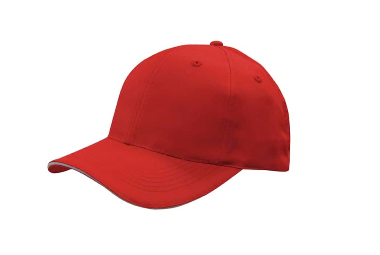 A red cap made from breathable poly twill with sandwich detailing, featuring a logo on the front.