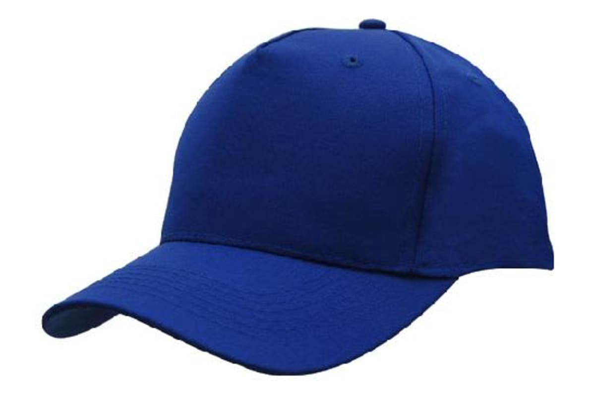 A blue breathable poly twill cap with a curved brim and a plain design. It features a logo on the front.